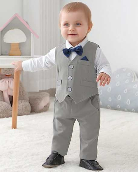 Total elegant und festlich: Hellgrau-Weisses Anzug-Set für Babyboys, langärmlig, Eigenproduktion