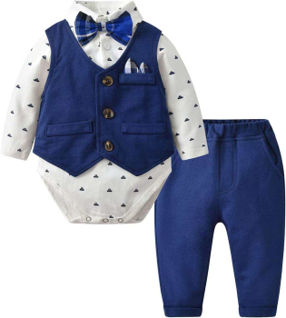 Tolles Outfit: Anzug-Set blau, mit Hemd-Body, Fliege, Weste und Hose