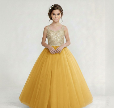 3 Farben: Bauschiges langes Festkleid für Mädchen, bicolor mit Spitzenoberteil