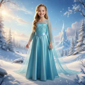 Traumhaftes Elsa-Kleid in Türkisblau mit 'Diamant-Deko' und Schleier