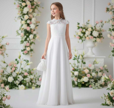 Elegant zum grossen Fest: Kommunionskleid mit Spitzen und Chiffon und kurzen Ärmeln