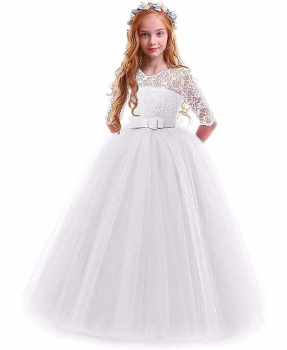 Weisses Festkleid für Mädchen - Kommunionskleid mit Spitzenoberteil
