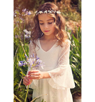 Festkleid für Mädchen softweiss mit weiten Ärmeln - toller Vintage-Look mit Chiffon und Spitzen