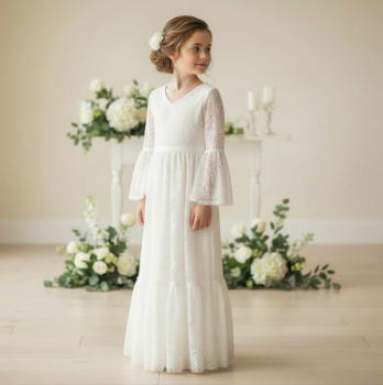 Festkleid für Mädchen softweiss mit weiten Ärmeln - toller Vintage-Look mit Chiffon und Spitzen