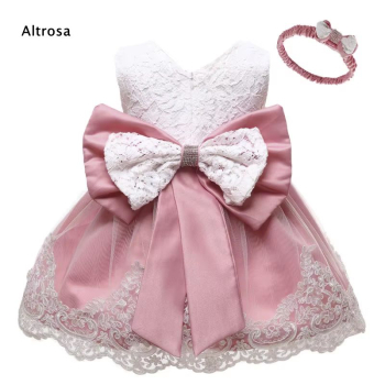 6 Farben: Taufkleid, Ballkleid reich bestickt mit schicker Schleife und passendem Haarband