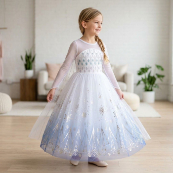 Glitzerkleid mit Schleppe inspiriert von Elsa - weiss-silber, bauschig und lang