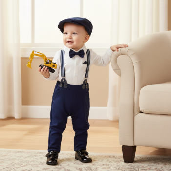 Elegant: Klassischer, stilsicherer Look mit Hosenträger und Beret in navyblau