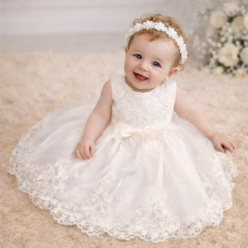 5 Farben: Taufkleid, Ballkleidchen reich bestickt mit schicker Schleife und passendem Haarband