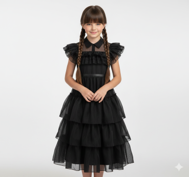 Absolut elegantes Wednesday Kleid - lang und mit Volants und Accessoires!