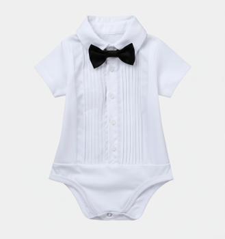 Richtig chic und aus eigener Produktion: Hemdbody mit toller Smoking-Optik und Fliege, kurz- und langärmlig