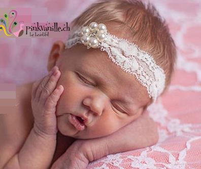 Baby Stirnband Taufe Haarband Kopfband Creme Schleife Spitze Headband Newborn 