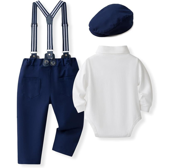 Elegant: Klassischer, stilsicherer Look mit Hosenträger und Beret in navyblau