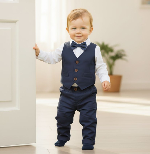 Total chic: Anzug-Set navyblau mit Weste, Hemd, Fliege und Hose, Grösse 80