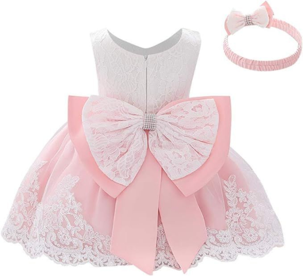 5 Farben: Taufkleid, Ballkleidchen reich bestickt mit schicker Schleife und passendem Haarband