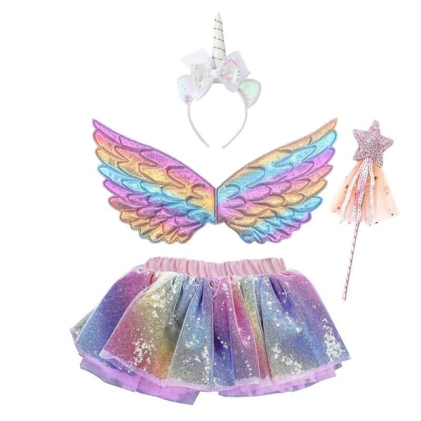 Geschenkset für Einhorn Fans: Feenflügel, Pastell-Tutu, Zauberstab und Einhorn-Haarreif