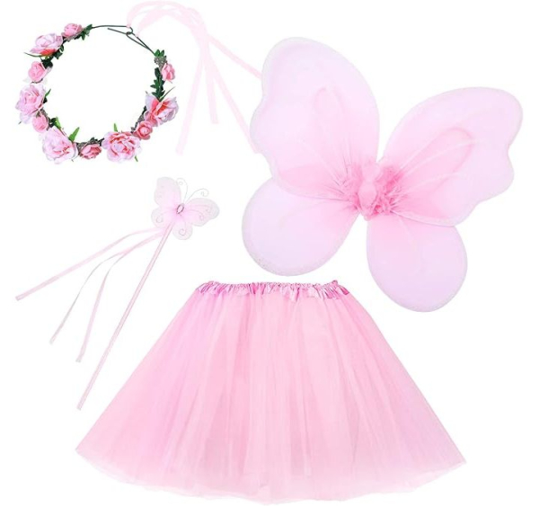 Geschenkset für kleine Feen: Flügel, Zauberstab, Haarband und Tutu in rosa