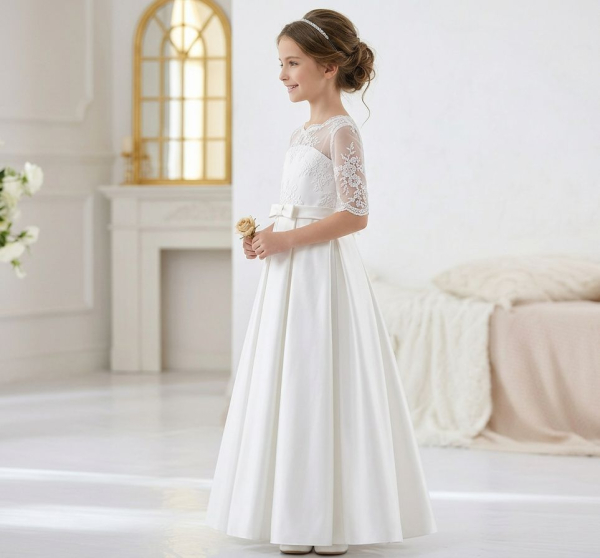 Premium Festkleid, elegant mit zarten Spitzen für Kommunion, Hochzeit etc. Satin-/Seidenlook