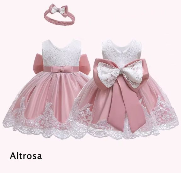 6 Farben: Taufkleid, Ballkleid reich bestickt mit schicker Schleife und passendem Haarband