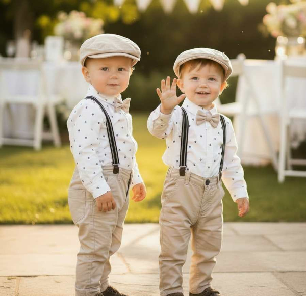 Festliches Set im schönen Leinen-Look. Mit Hosenträgern, Fliege und Beret