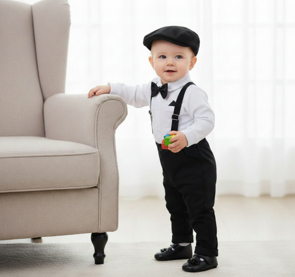 Elegant: Klassischer, stilsicherer Look mit Hosenträger und Beret in schwarz