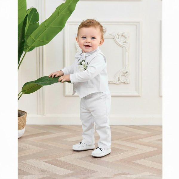 Weisser Taufanzug - komplettes Outfit, elegant und stilsicher mit Weste und Fliege