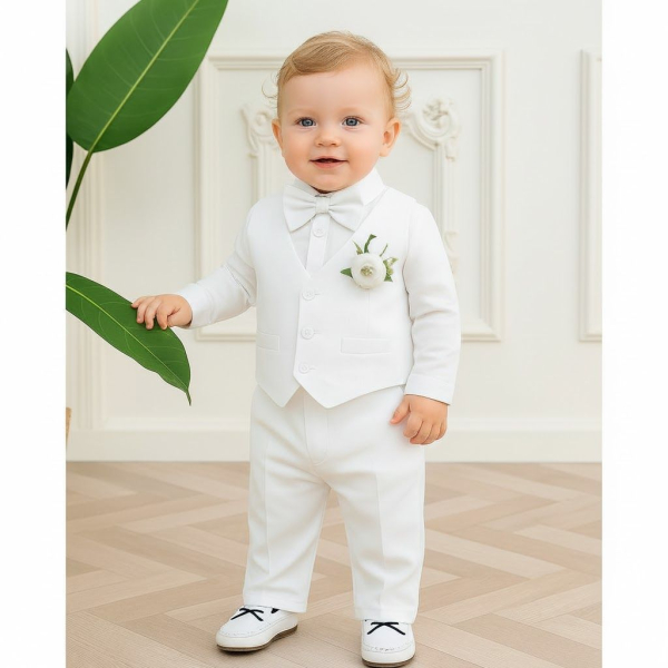 Weisser Taufanzug - komplettes Outfit, elegant und stilsicher mit Weste und Fliege